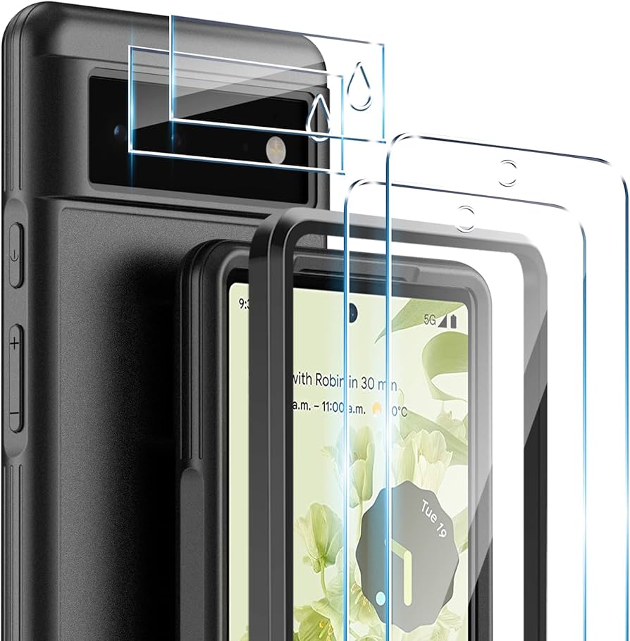 OUBA 耐衝撃設計 Google Pixel 6ケース 2枚パック 強化ガラススクリーンプロテクター + 2枚パックカメラレンズプロテクター  [ミリタリーグレード保護] 高耐久マットハードPCバックフレキシブルフレーム